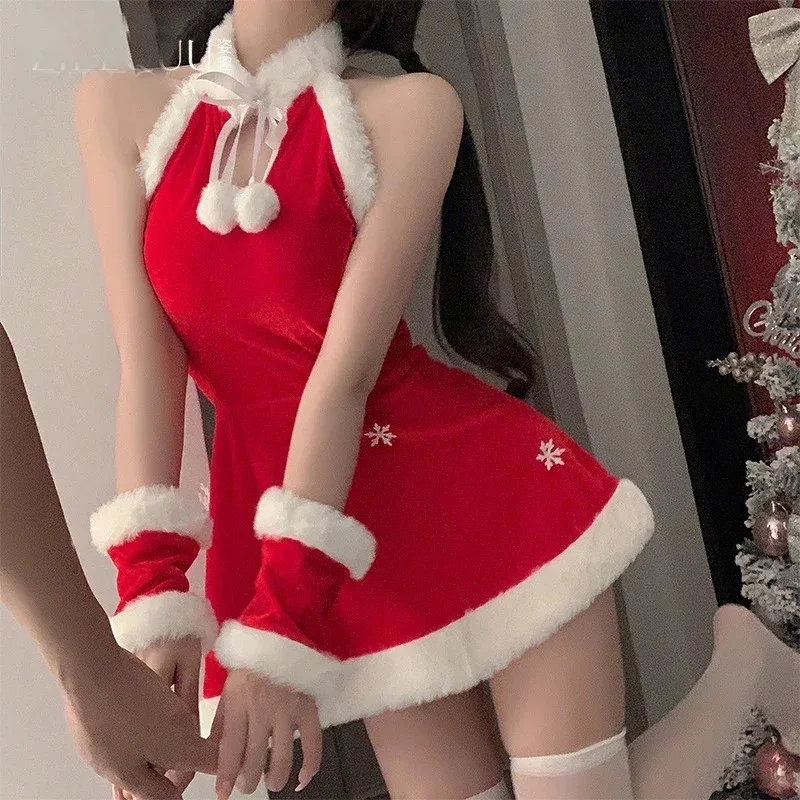 Christmas Plush Short Halter Backless Dress Santa Claus Uniform Women Snowflake Outfits New Year Red Costumes Cosplay Girl