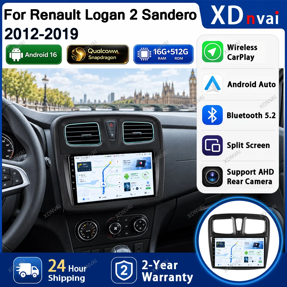 Android 16 Car Radio Multimedia For Renault Logan 2 Sandero 2012-2019 Video Player Stereo Navigation BT Qualcomm Head Unit GPS