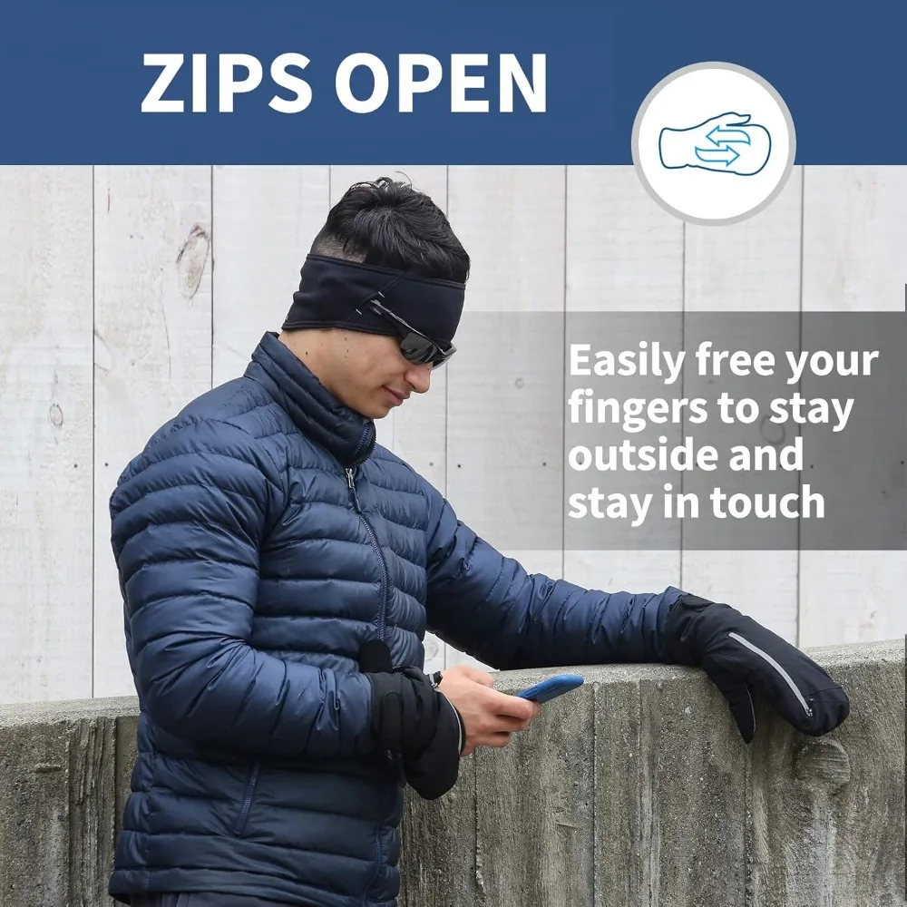 قفازات الجري الشتوية للرجال - قفازات بسحاب قابلة للتحويل، عازلة للحرارة، مثالية للطقس البارد، أسود