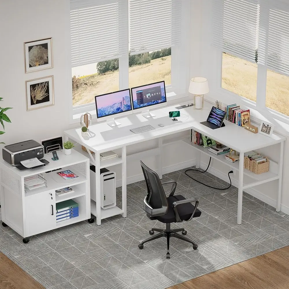 Adjustable White L-Shaped Desk with Power Outlets & USB Ports, Sturdy Home Office Desk with Storage, Easy Assembly