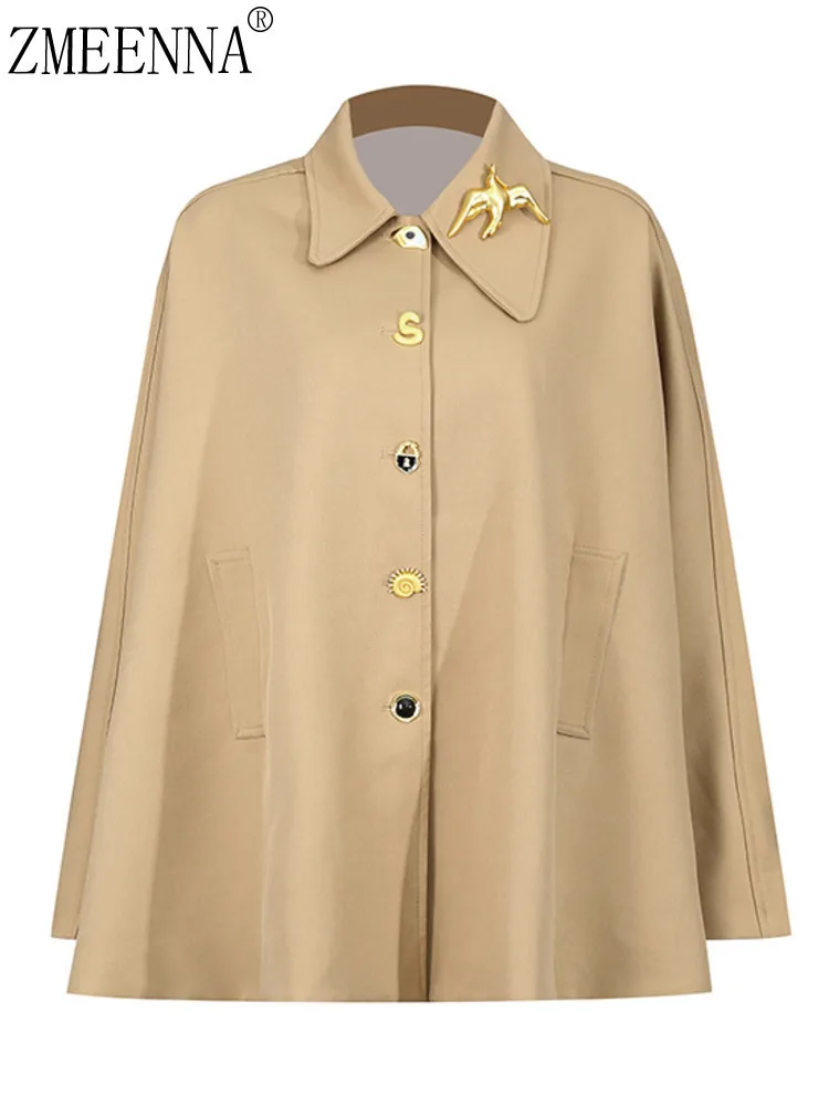 

ZMEENNA Women's Khaki Cape Coat Unique Gold Brooch And Button Detailing Elegant Vintage Style Chic Poncho Jacket ZM3975