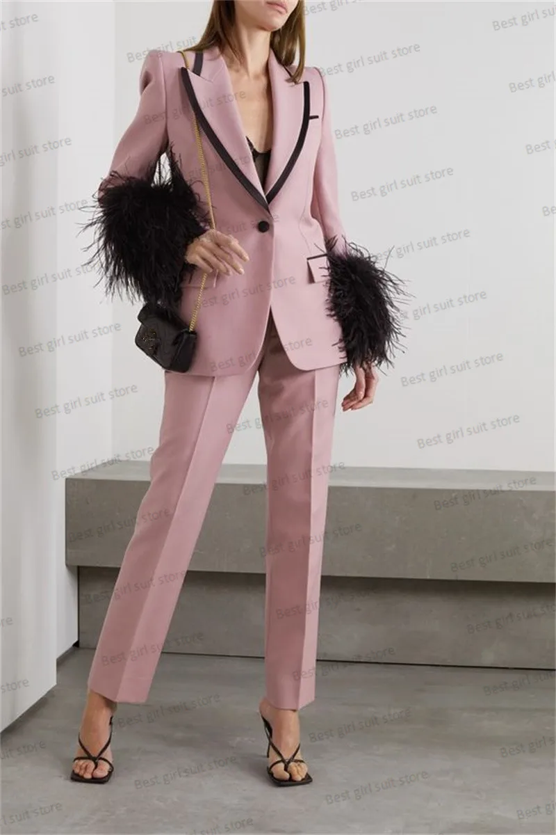 

Ostrich Feather Women Suit Set Blazer+Straight Pants 2 Pieces Prom Dress Pink Black Party Jacket Coat Full Sleeves Tailored