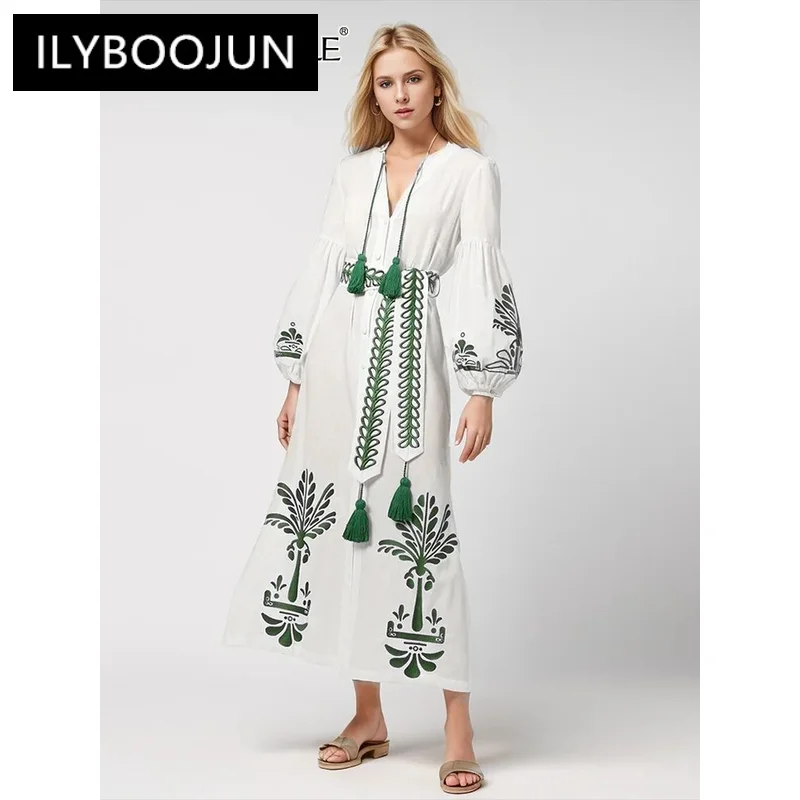 

ILYBOOJUN Colorblock Printing Spliced Drawstring Dresses For Women V Neck Long Sleeve High Waist Split Elegant Dress Female