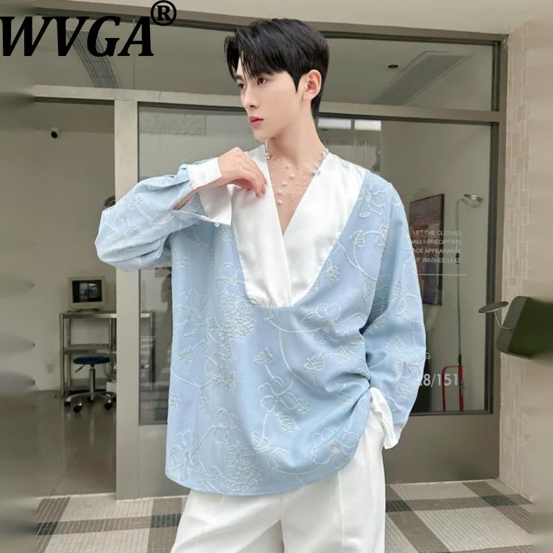 

WVGA Spring Autumn New Man Tide V-Neck Three-dimensional Woven Long Sleeve Shirts Fashionable Niche Patchwork Trendy Tops W21724