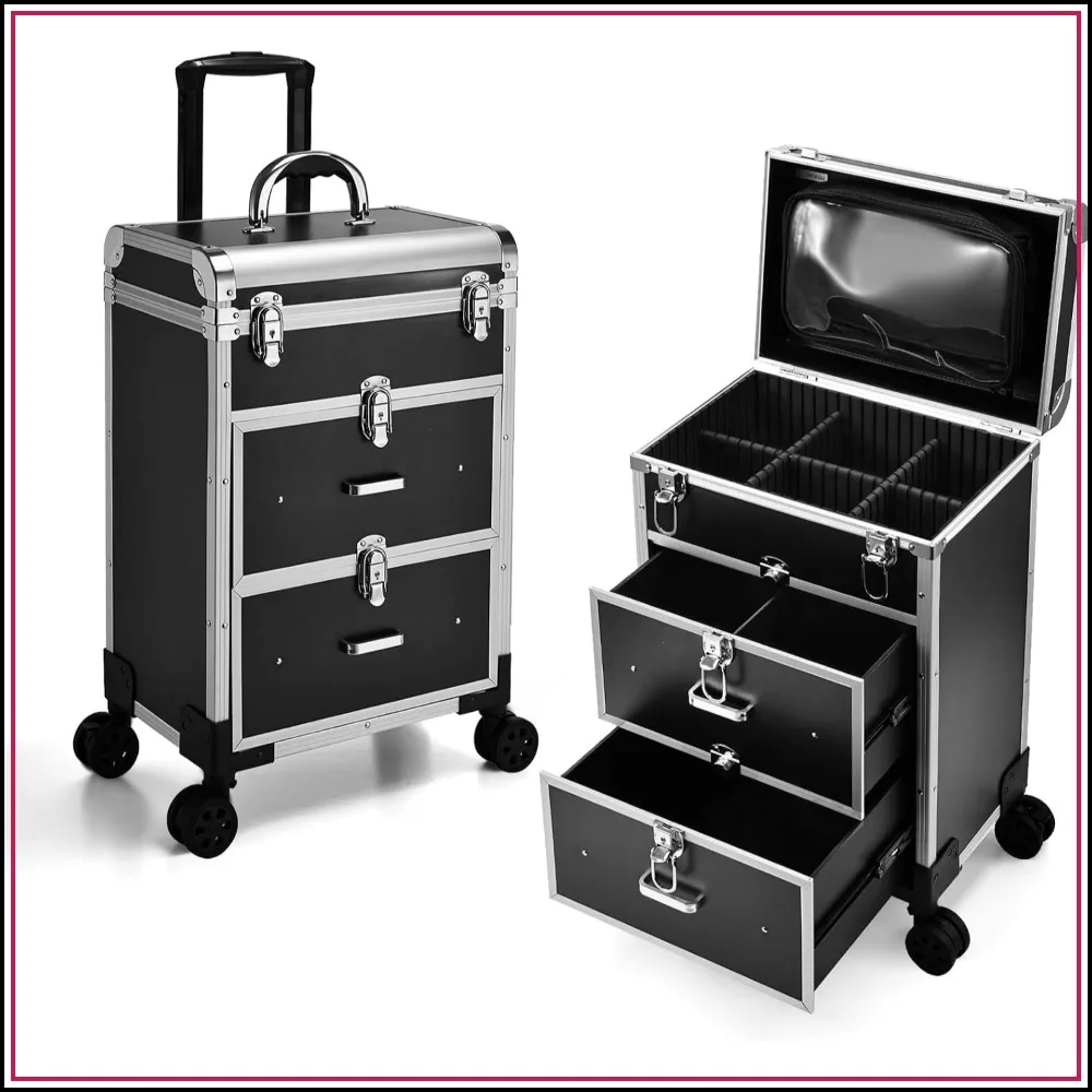 

Professional Rolling Makeup Train Case with Drawers, Large Cosmetic Trolley with Locks, Cosmetics Storage Organizer for Travel, Nail Art, Hair Styling, Black