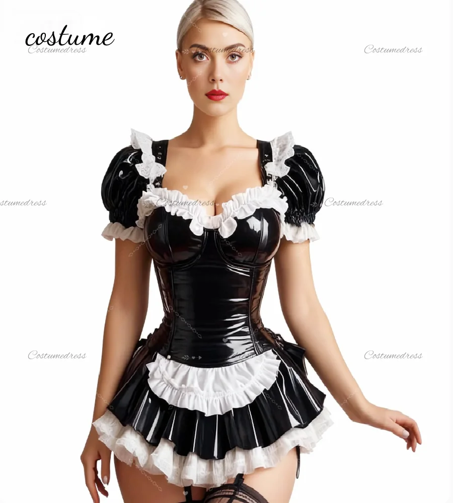 Erschwingliches schwarzes Maidcore-Abendkleid, sexy, kurzärmeliges Mini-PVC-Abschlussballkleid 2026, Halloween-Kostüm, Junggesellenabschied, Geburtstag