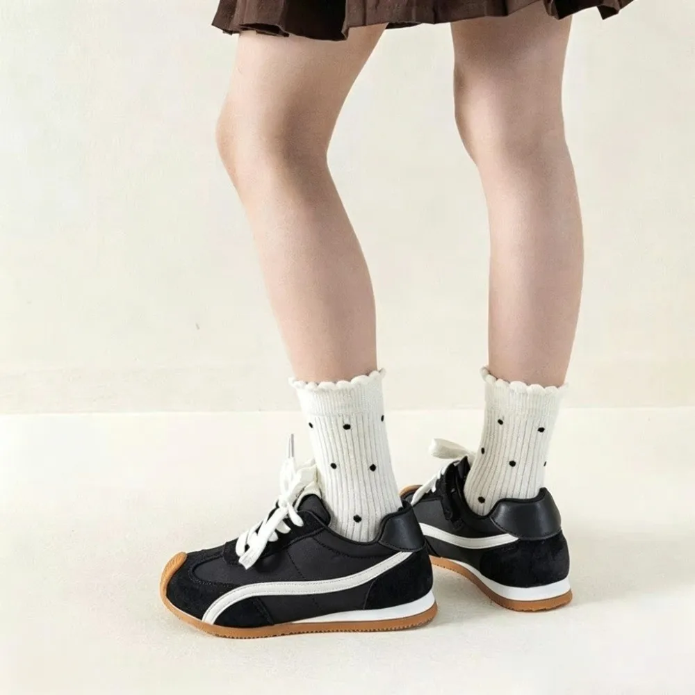 5Pairs/set Soft Cotton Mid-Calf Crew Socks Ruffle Frill Design Polka Dot Pattern Frill Loose Cuff Socks Fall Winter Weight