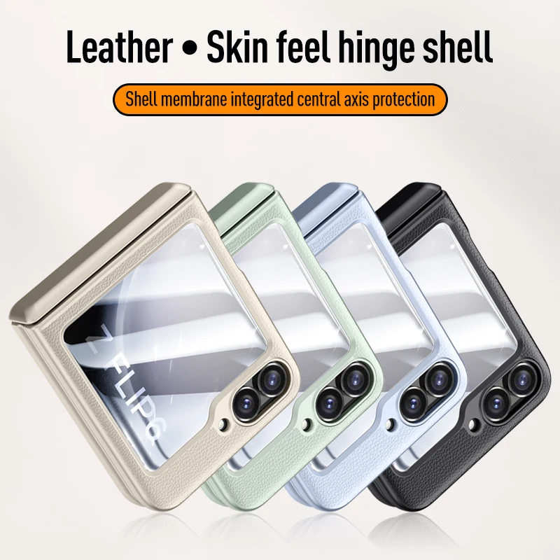 

For Samsung Galaxy Z Flip 6 Case Skin Friendly Matte Plain Leather Folding Hinge with Mirror Film All-inclusive Shockproof Cover