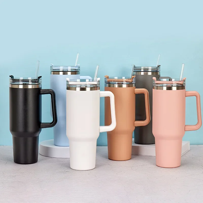 40oz Stainless Steel Thermos Vacuum Water Cups With Handle Straw Bottles Large Capacity Outdoor Travel Car Coffee Mug