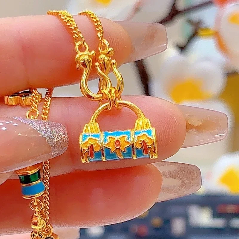 Luxury 24K 9999 Pure Gold Gold shop with vintage flower lock bell women's necklace