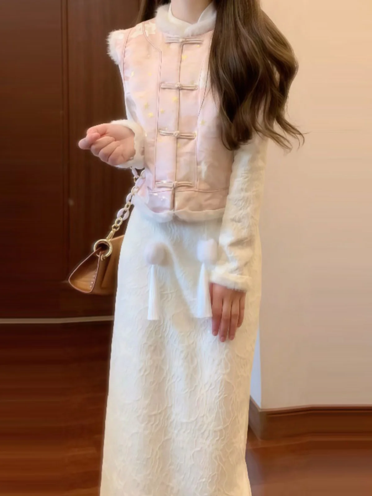 

New Chinese Style Two-Piece Set Long Sleeve Fleece Lined Dress And Vest Comfortable Cotton Autumn Winter Fashion