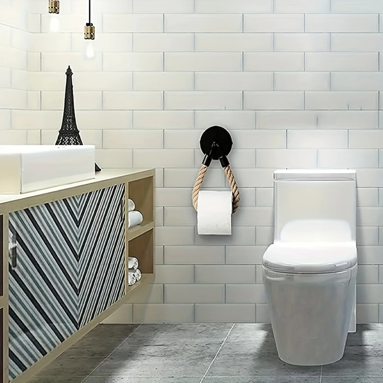 

Toilet Tissue Roll Holder Creative Retro Paper Towel Ring for Household Storage Rack Self-Adhesive Wall Mounted Hanging Rope