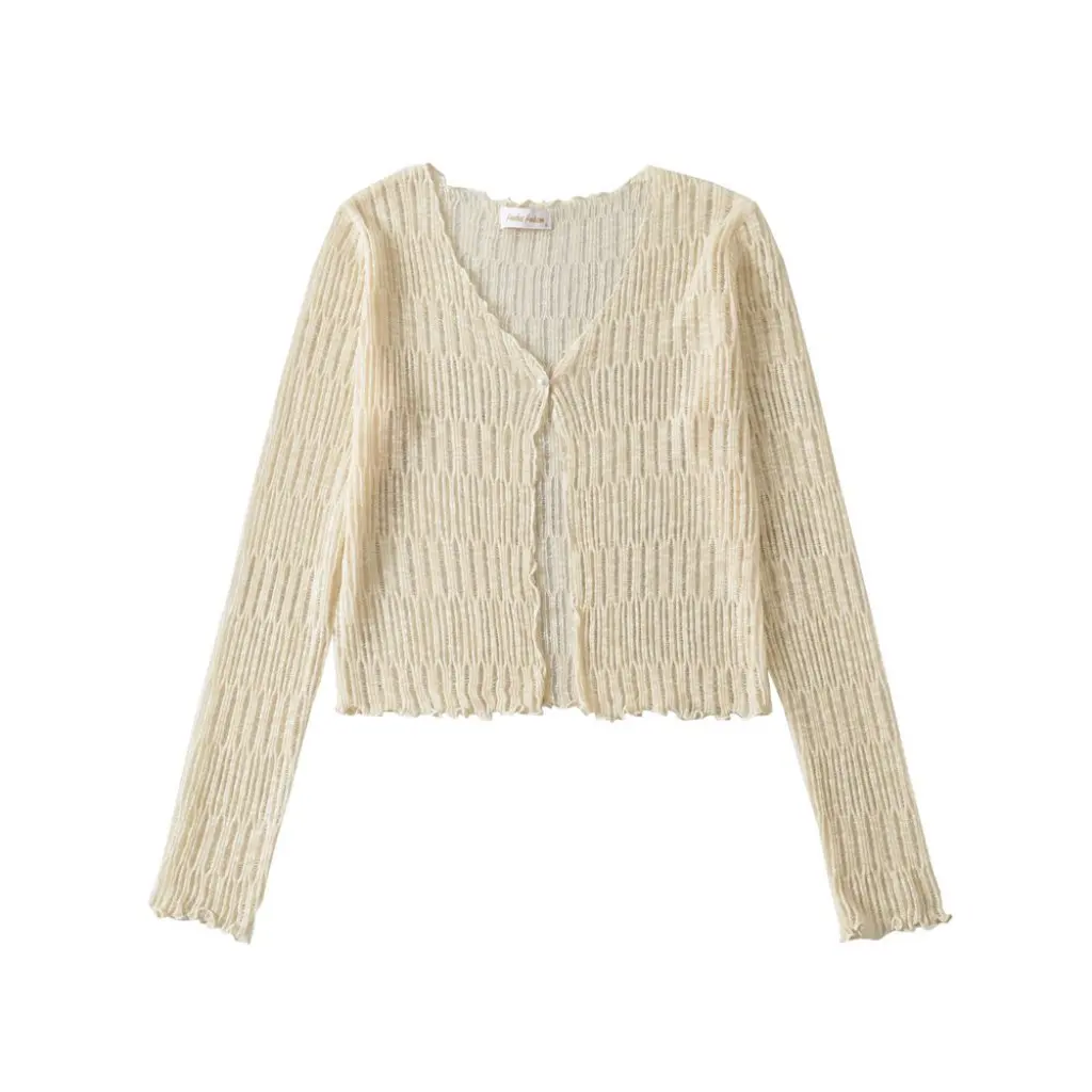 

Women's Lightweight Breathable Knitted Cardigan V-Neck Hollow Design Summer Fashionable Top with Long Sleeves