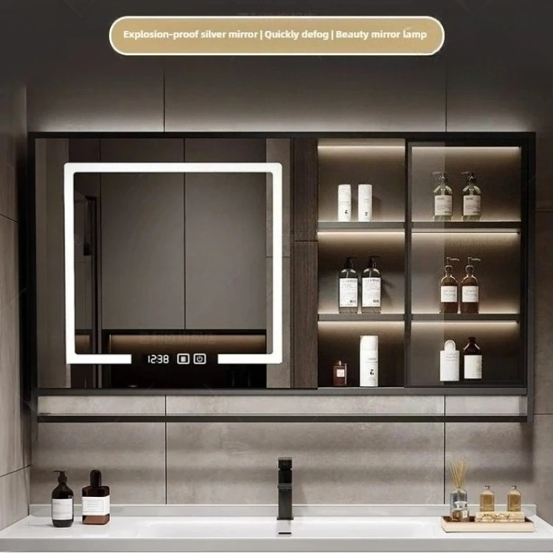 Smart Bathroom Mirror Cabinet with Separate Wall Mounted Light Defogging, Bathroom Vanity Mirror, Solid Wood with Storage Rack