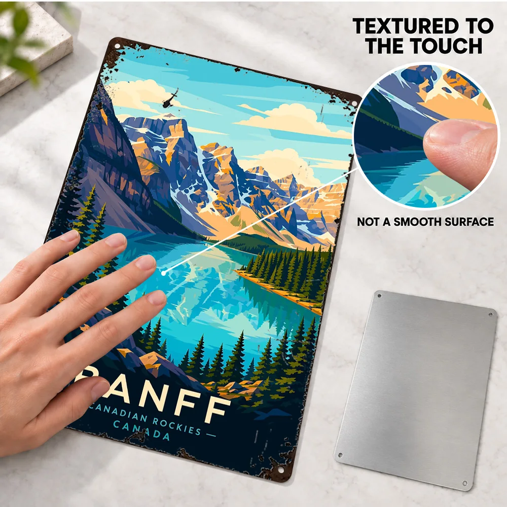 Banff Canadian Rockies Aluminum Poster Painterly Realism Design Wall Art For Bedroom Personalized Metal Sign Housewarming Gift