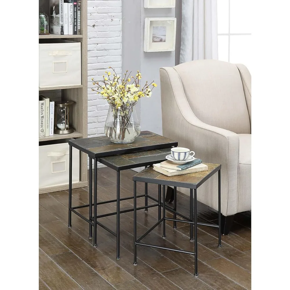 Tri-Level Slate-Top Nesting Tables: Durable Stone Accent Furniture for Home