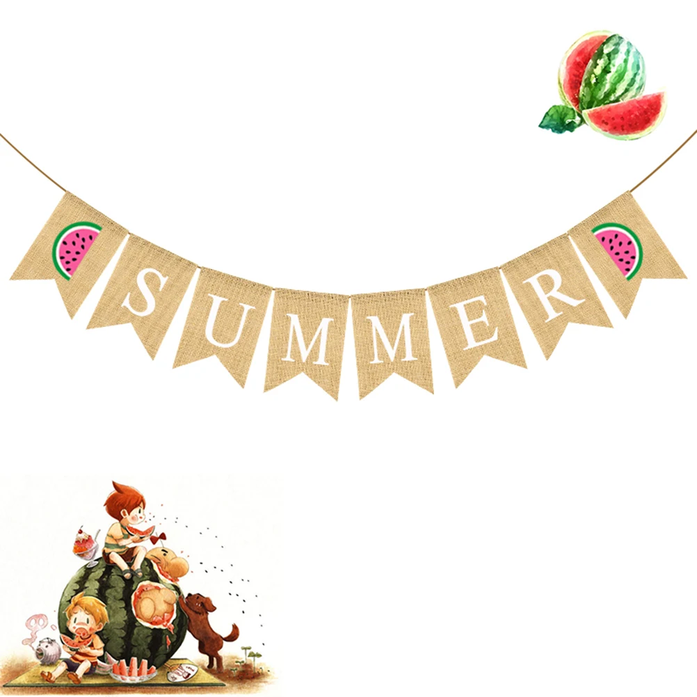 

Watermelon Flag Summer Banner Linen Garland Long Use Rustic Material Birthday BBQ Beach Photo Prop Theme