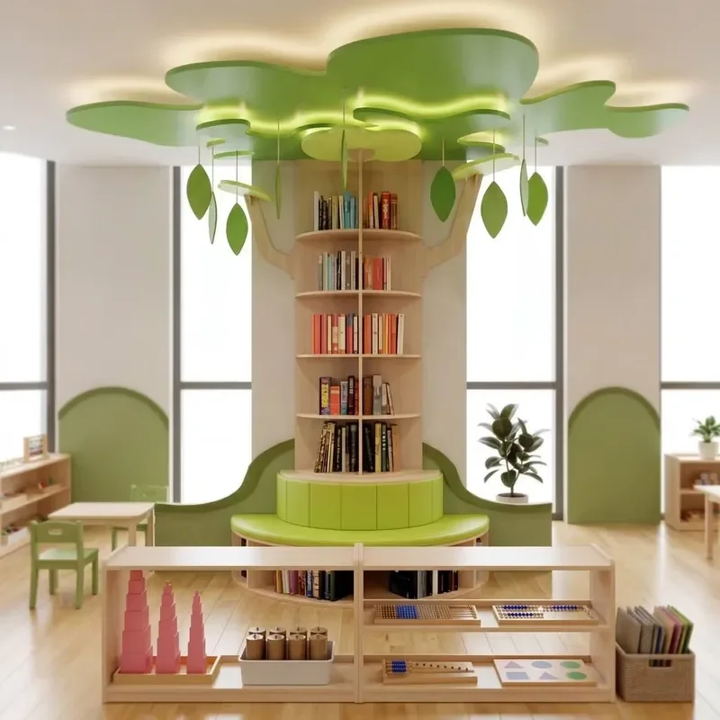 Wooden Bookshelf for Kids Room Storage Bench Eco Friendly Montessori Furniture Set Children Library Organizer Unit