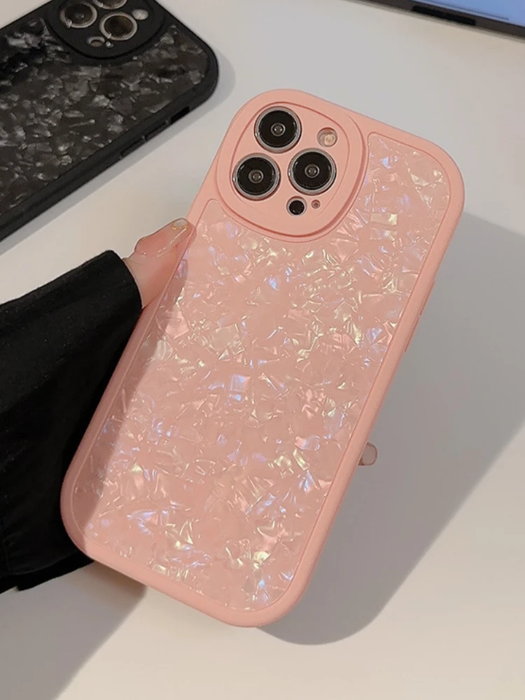 Solid Color Bling Glitter Shell Texture Phone Case For iPhone 15 14 13 12 Pro Max 11 7 8 Plus X XR XS Max Conch Pattern Cover