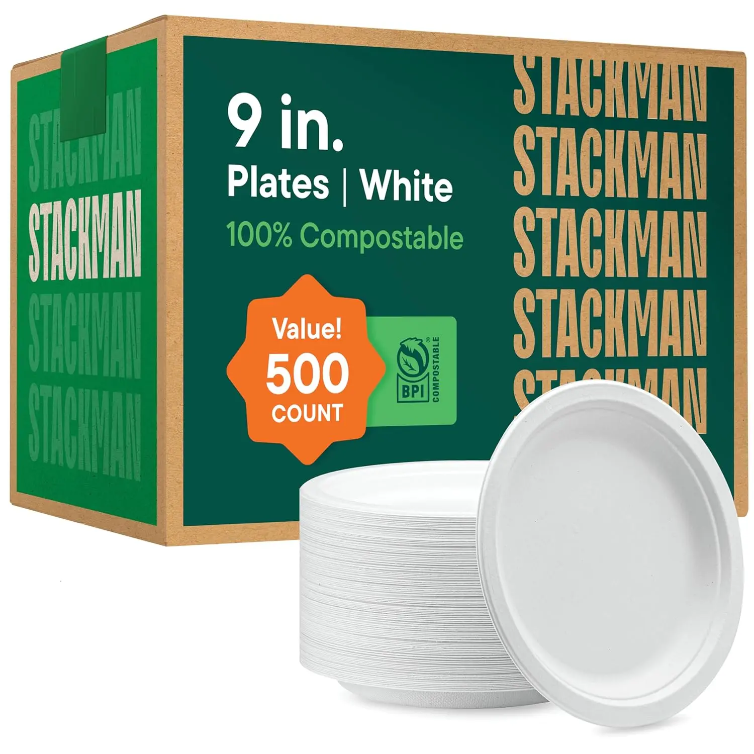 

100% Compostable Paper Plates 9 Inch 500 Count Heavy-Duty Dinner Plates White Bagasse Eco-Friendly Biodegradable Sugarcane