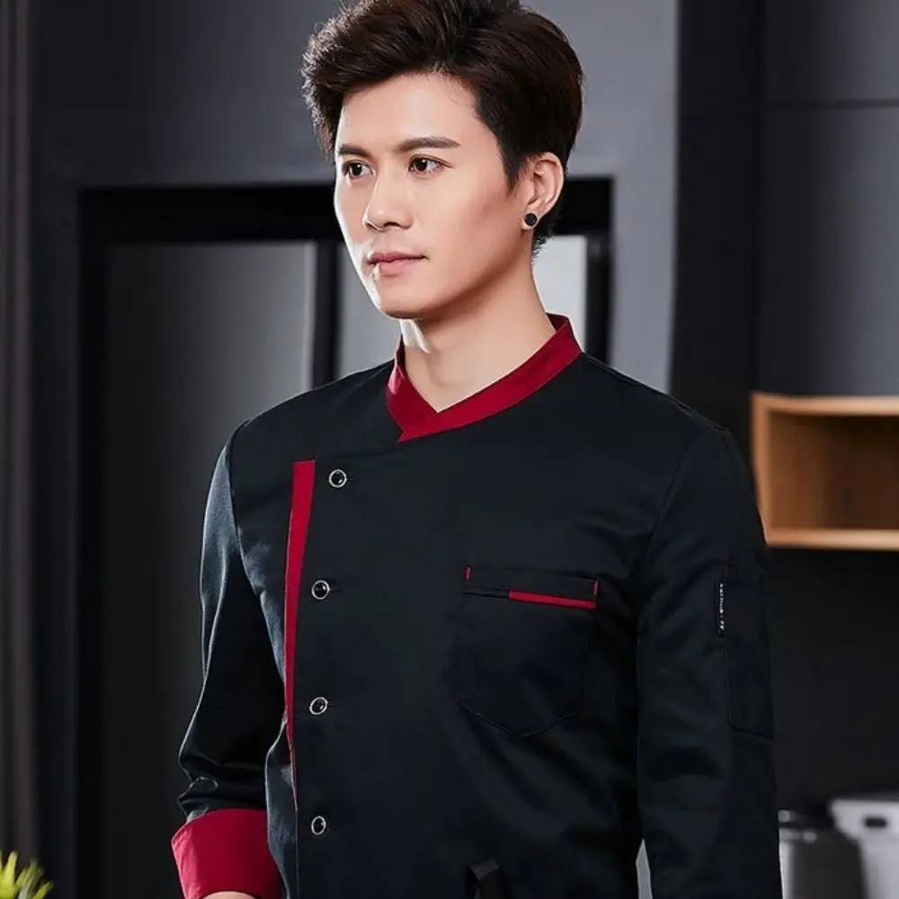 Chef-kokuniform met lange mouwen, westerse stijl, verdikt koksbuis, ademend zwart/wit/rood, keukenwerkkleding, hotelcafé