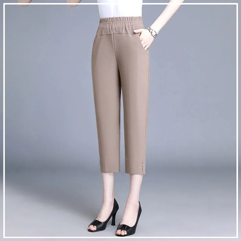 

Thin Style Loose Fitting High Waisted Elastic Band Straight Cylinder Ice Shreds Comfort LeisureWomen's Cropped Pants Summer B837