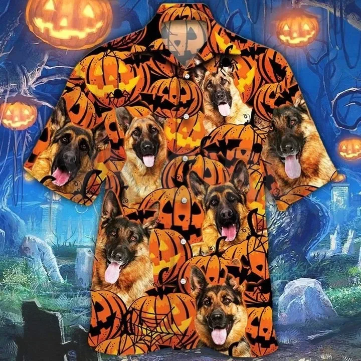 

German Shepherd Halloween Pumpkin 3D All Over Printed Hawaiian Shirt Men's For Women's Harajuku Casual Shirt Unisex