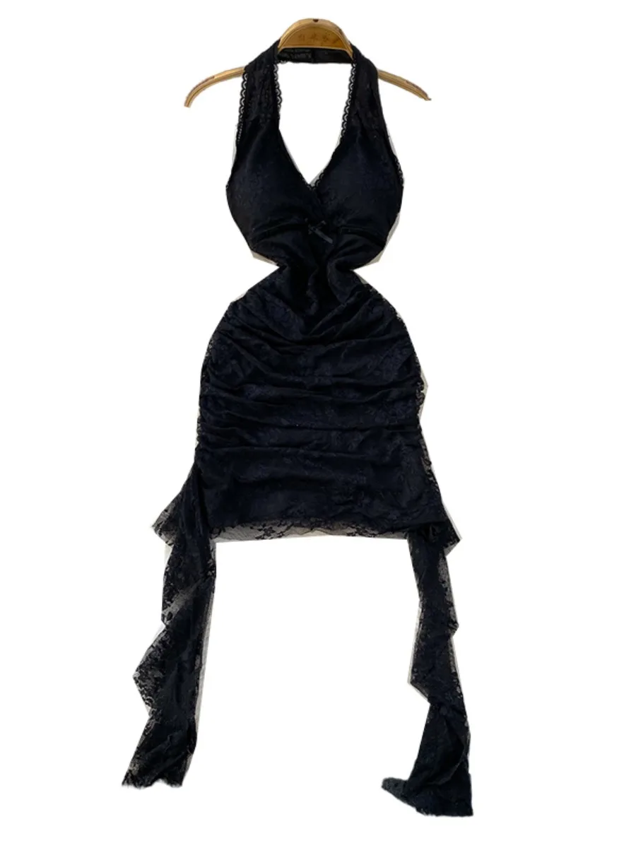 Foamlina العصرية الأمريكية الساخنة فتاة الدانتيل الخامس الرقبة الرسن فستان الصيف تصميم فريد من نوعه فلوي التعادل حتى مثير سليم صالح فستان قصير قصير