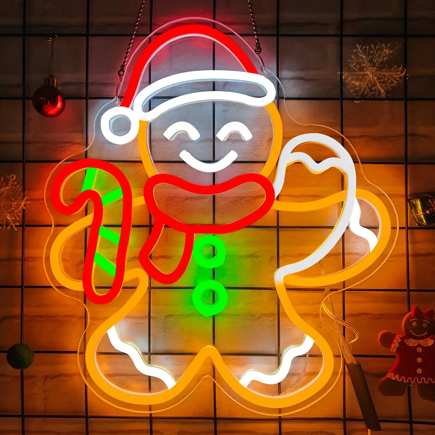 

Waving Gingerbread Man Neon Sign for Wall Decor Flicker Design Dimmable Animated Christmas Light Up Sign for Window Home Party