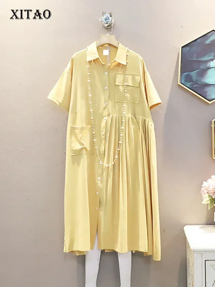 

XITAO Patchwork Pleated Pocket Plus Size Dress Women Clothes 2025 Summer New Fashion Loose Short Sleeve Dresses GCC4451