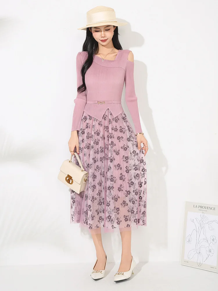 Miyake Plooien Jurk Nieuwe Vrouwen Losse Dunne Hoge Aantal Modellen Gedrapeerde Splicing Lange mouwen Bloemen Mesh Geplooide Jurk