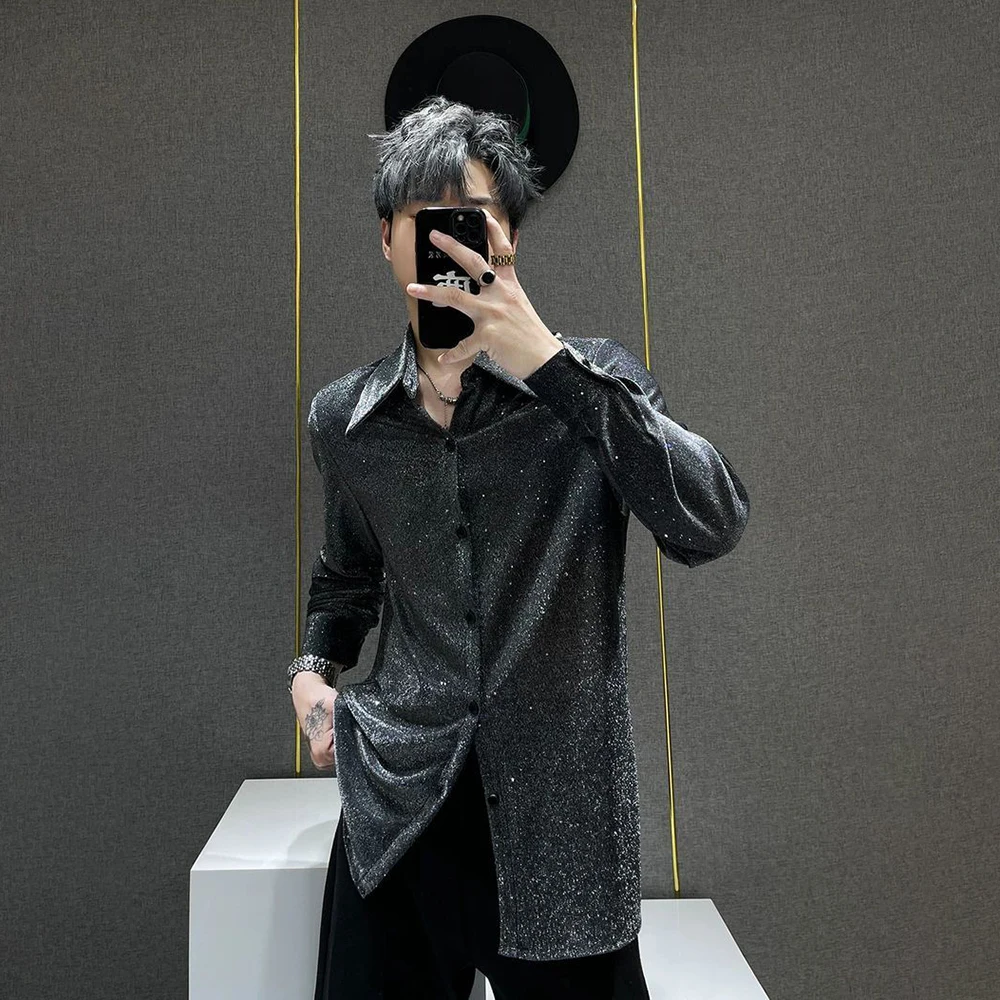 

Mens Shirts Gold-Stamped Shiny Shoulder Pads Ballroom Shirts Nightclub Stage Performances Fashion Tops Men'S Clothing 2025 New