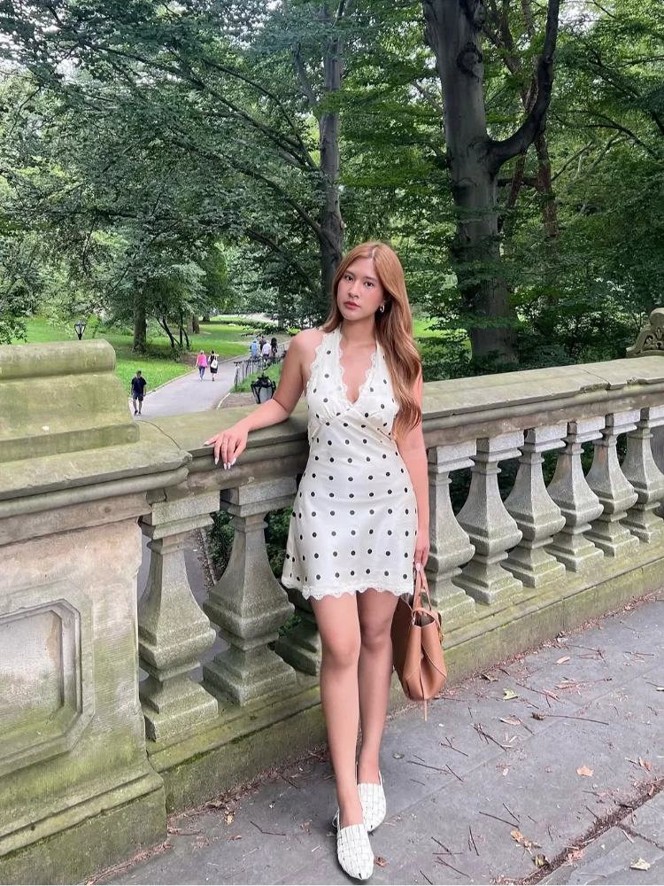 水玉模様のレースパッチワークサテンワンピース スリムフィット エレガント セクシー ソフト スムース ローブ 2026年 春秋新作 パーティー デート イブニングドレス