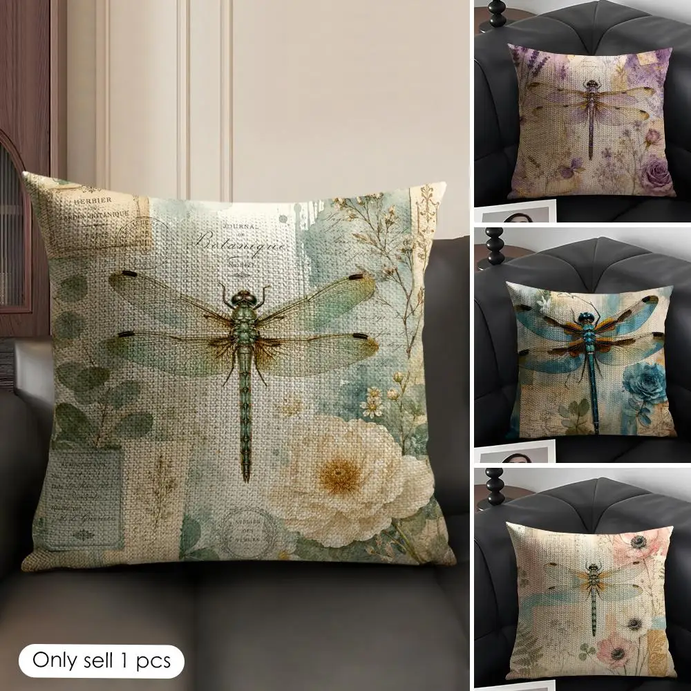 Dragonfly Art Cushion Cover Linen Organic Fabric Double-Sided Printing Sofa Breathable Home Decor Gift Pillow Case