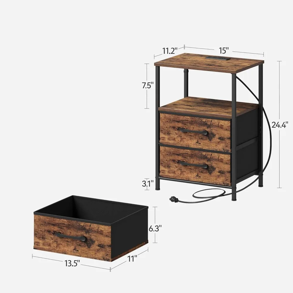 طقم منضدة مكونة من قطعتين، حامل ليلي مع قاعدة شحن وأضواء LED، طاولة بجانب السرير مع درجين قماشين لغرفة النوم، مقاس صغير