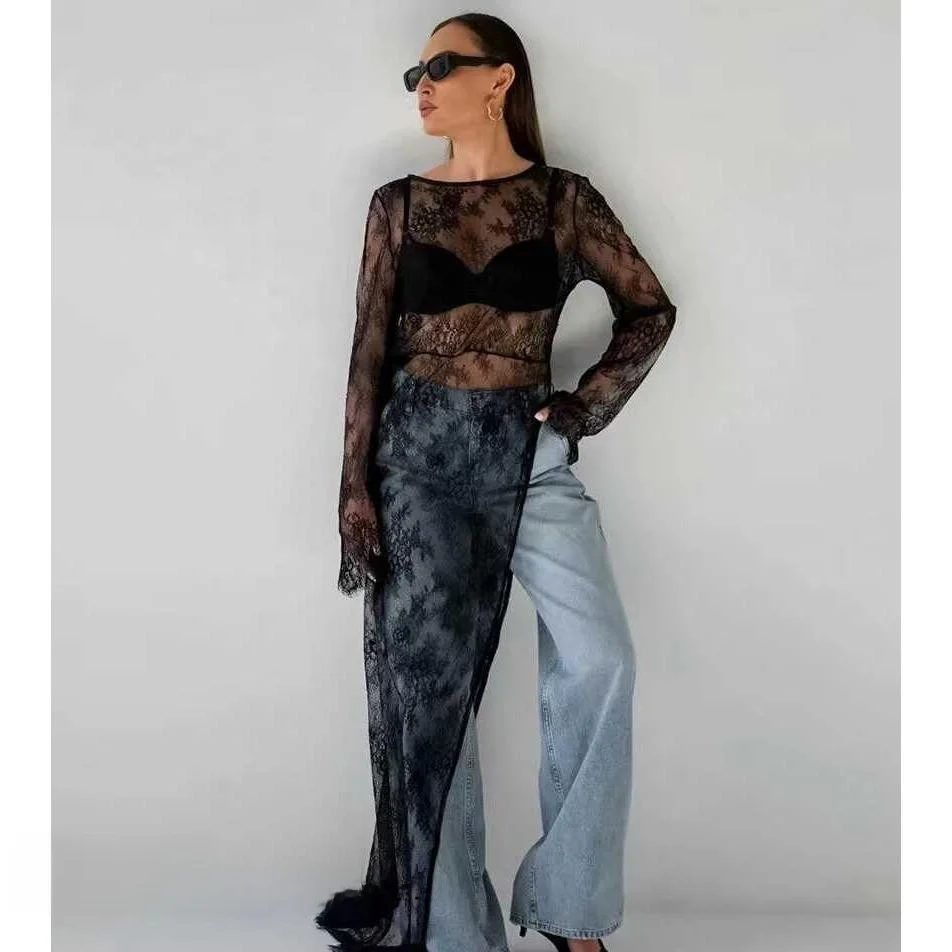 

Sexy Asymmetrical Lace See-tough round Ne Slit Long Dr High Waist Irregular Skirt Length Summer Season Full Sve