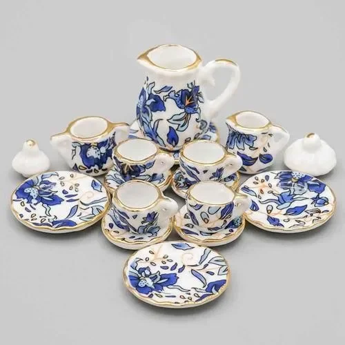 15Pcs 1/12 Dollhouse Miniature Blue Flower Patten Porcelain Coffee Tea Cups Ceramic Tableware Dollhouse Kitchen Accessories