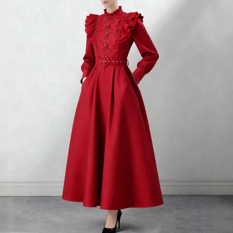 

Elegant Retro Stand Collar Dresses Spring Women Long Sleeves Ruffle Big Swing Dress Autumn Female High Waist Knee Length Dress