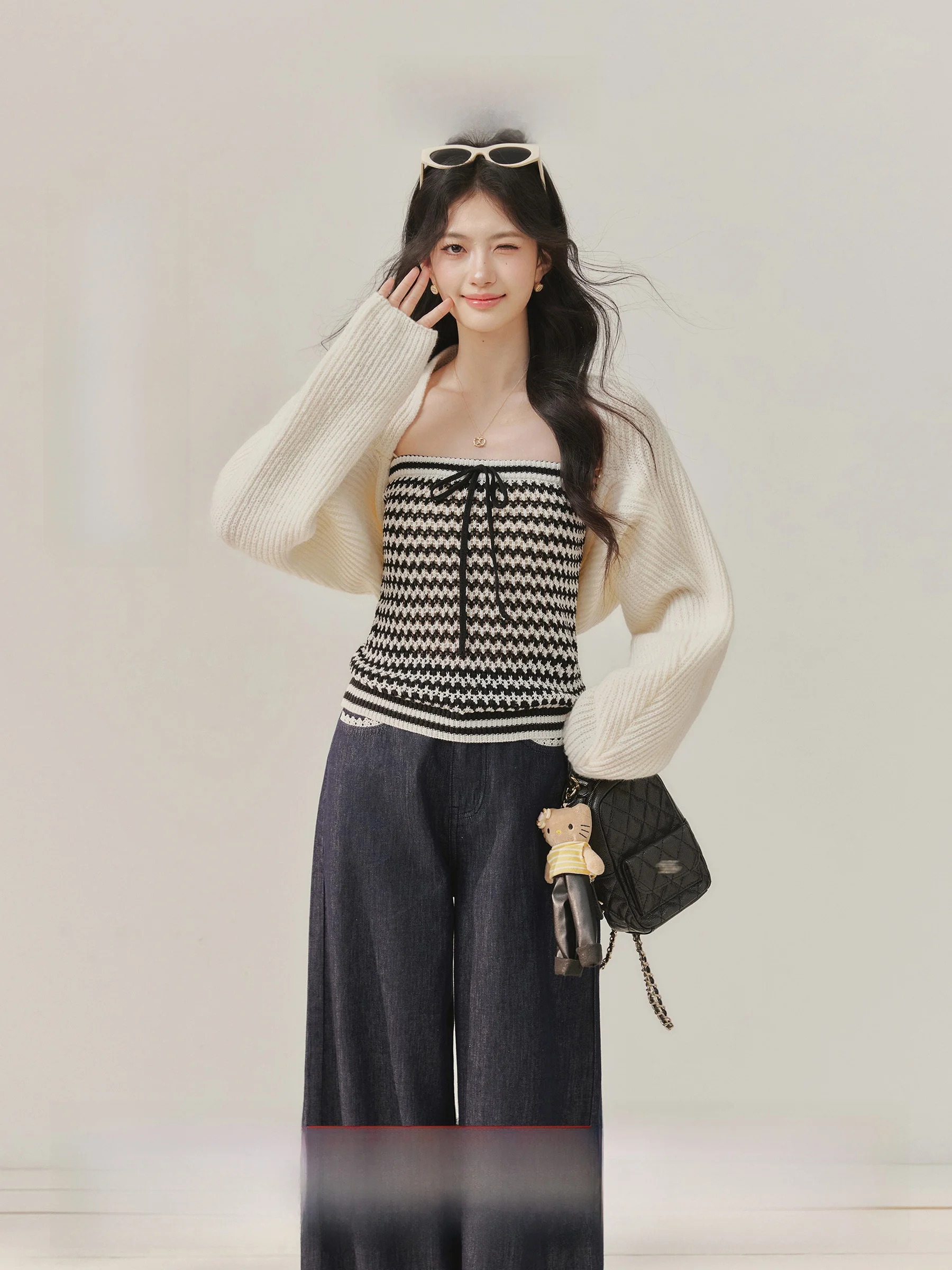 

Романтичный вязаный комплект из кардигана и топа-бюстье в корейском стиле для женщин, весна-осень, модный, сезонный, элегантный