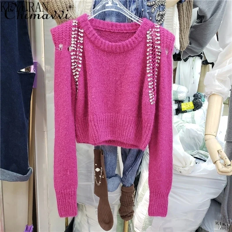 Fashion Women Shoulder Padded Rhinestone Beaded Solid Color Cropped Sweater 2024 Autumn Lady New Long Sleeve Loose Knitted Top