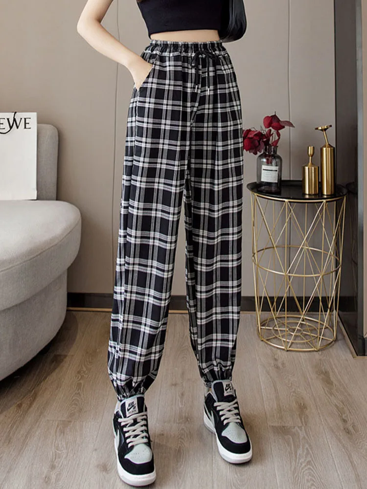 Pants Women New Bunch of feet Fashion Loose Black Plaid Summer Harajuku Students Streetwear Harem Long Trousers Womens Chic