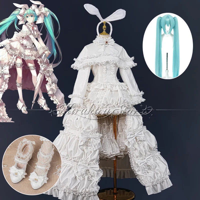 Disfraz de Cosplay de Hatsune Miku con Peluca de Conejo Anime, Vestido Lolita, Traje Vintage de Hatsune para Fiesta de Halloween, Comicon, Juego de Roles, Adulto Unisex