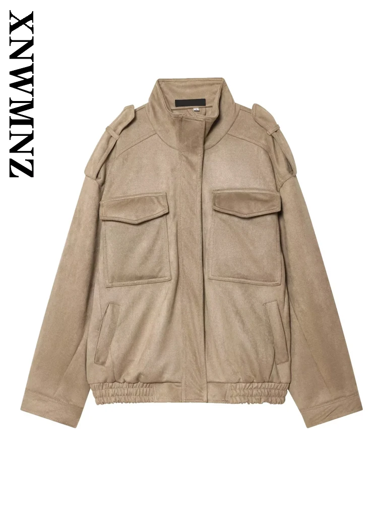 

XNWMNZ 2025 осенняя новая женская простая модная замшевая куртка с воротником-стойкой и длинными рукавами, шикарная повседневная женская одежда, пальто цвета хаки на молнии