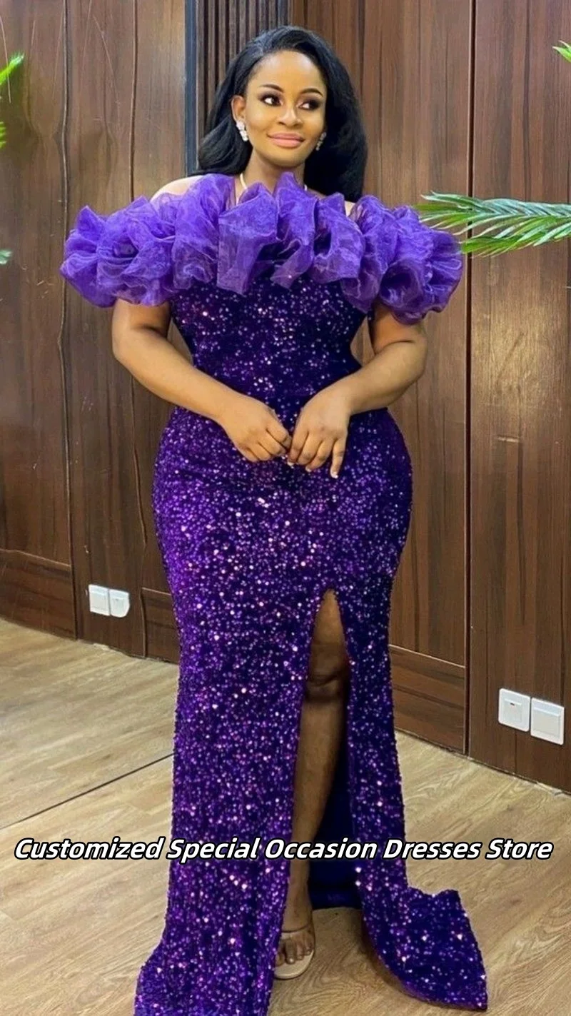 Dark Purple Ruffles Off The Shoulder Evening Dresses Long High Split Mermaid Prom Dress Nigerian Wedding Party Gowns Customized