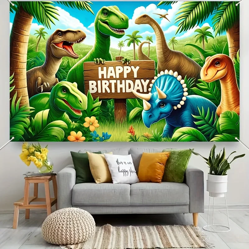 Tapestry Dinosaur Jungle Birthday Party Backdrop Polyester Photo Booth Background With Balloons Flowers Versatile Indoor