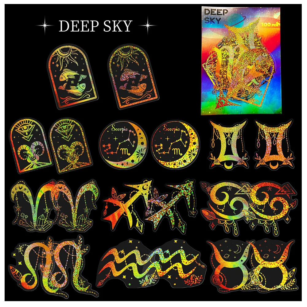 Ouro Laser Deep Space Sky Adesivos, À prova d'água, estética, Graffiti, Motocicleta, Bicicleta, Laptop, Vinyl Sticker Brinquedos, 10 Pcs, 30 Pcs, 50 Pcs, 100Pcs