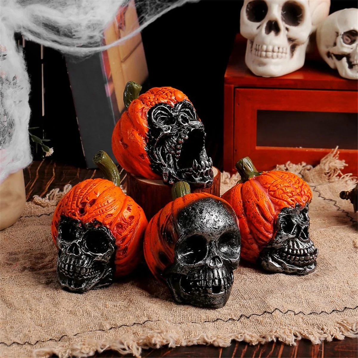 Halloween Skull Resin Ornaments Holiday Secret Room Horror Pumpkin Hat Skull Decoration Layout Crafts