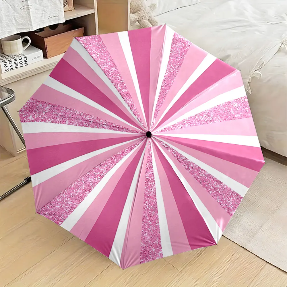1PC Bright Pink Gradient Umbrella with Glitter Design Print 8 Iron Ribs Folding Umbrella Auto-Open Fashion Sunshade
