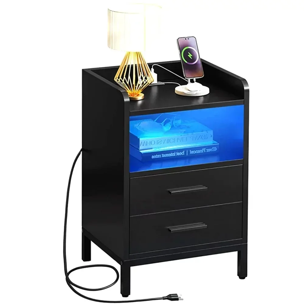 Side Table with Charging Station, 3-Drawer LED Light, Bedside End Table for Bedroom Living Room Small Space, Nightstand