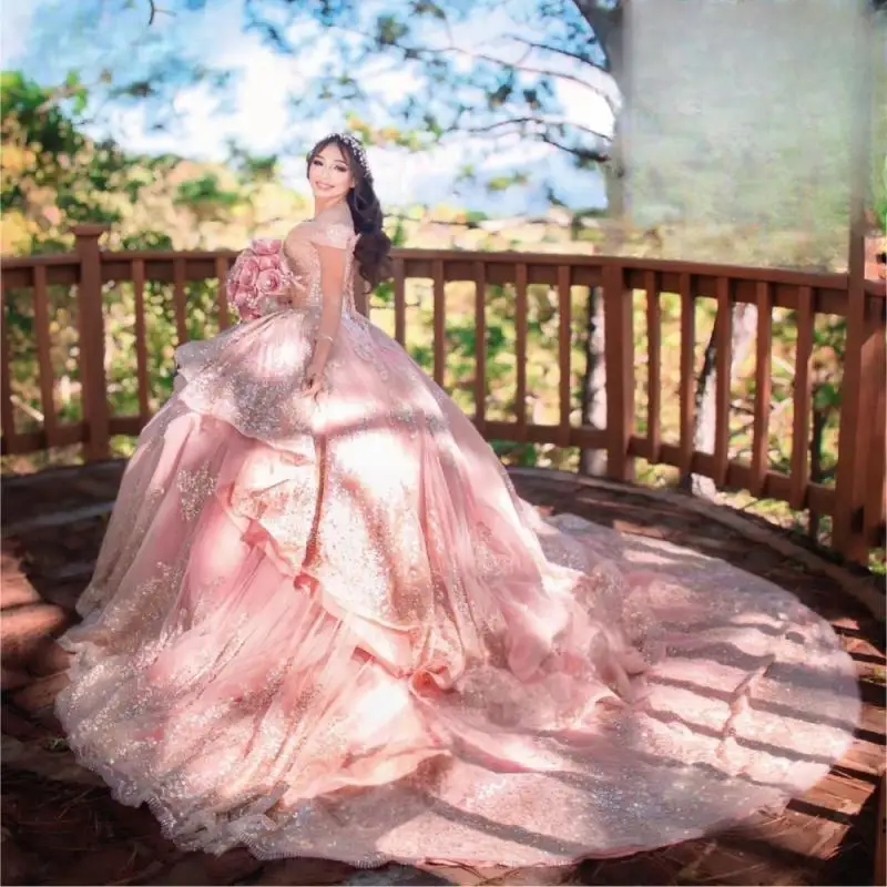 Charro Tiered Pink Quinceanera Dress Ball Gown Gold Appplique Beaded Crystal Corset Sweet 16 Vestidos De 15 Años